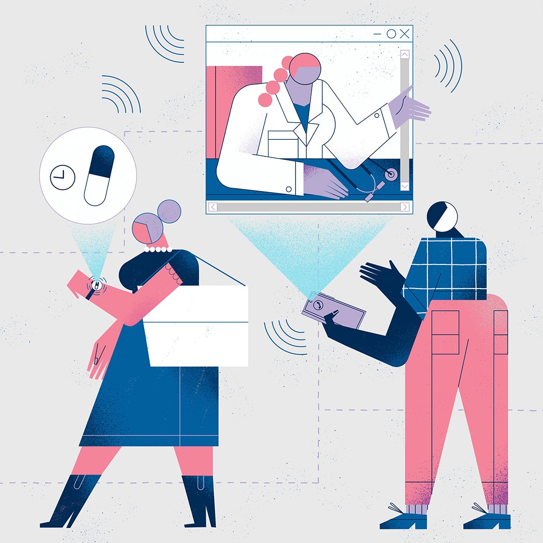 A patient looks at the reader while a phone overlays half of their head and shoulders.